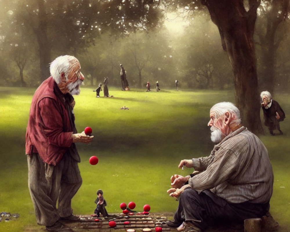 Elderly men playing board game in serene park setting