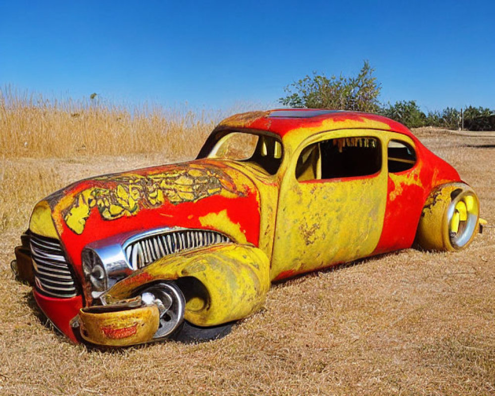 Abandoned yellow and red flame-painted car in grassy field