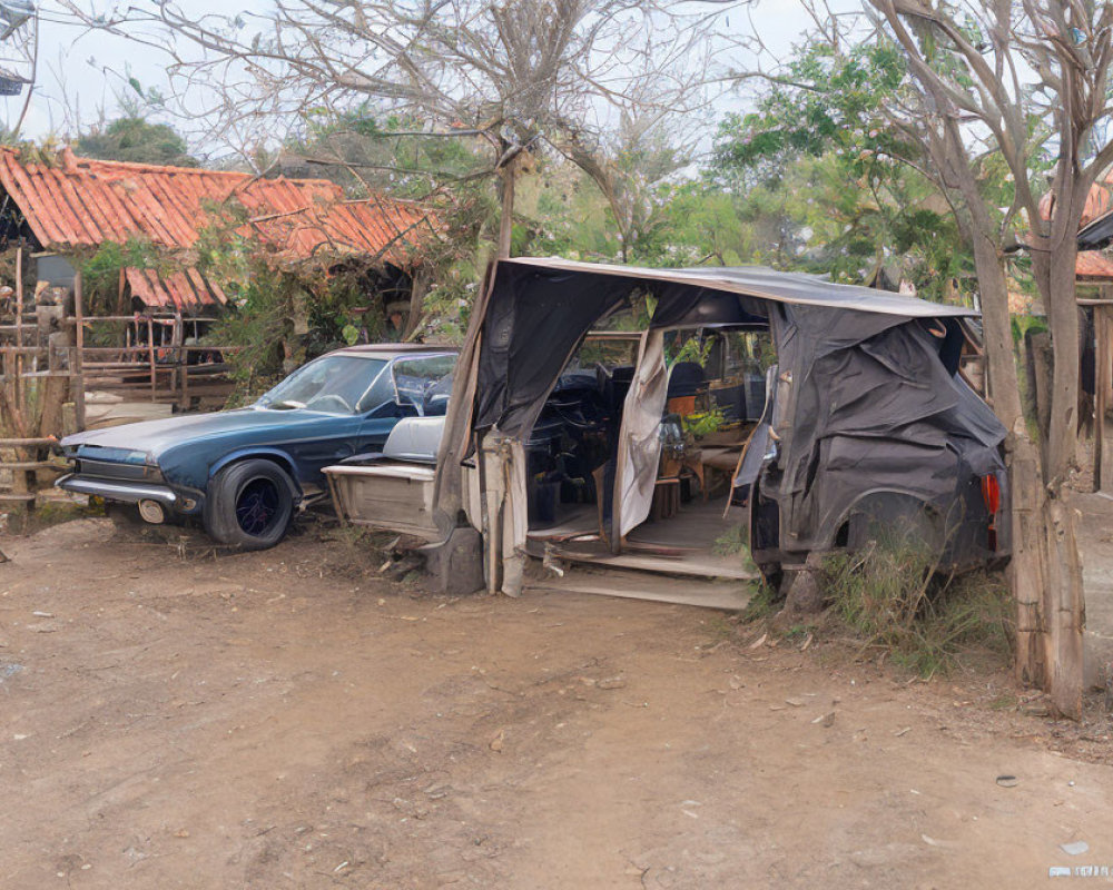 Dilapidated shed and old car in rustic outdoor scene