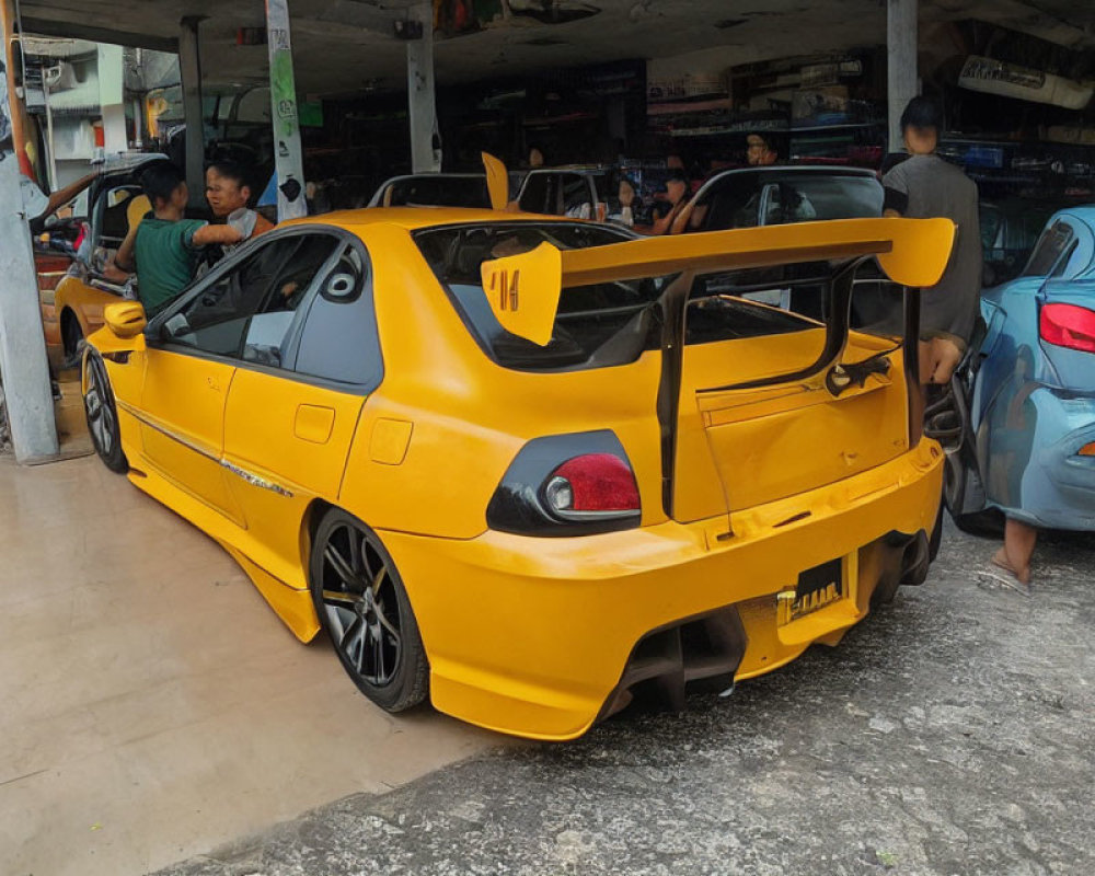 Yellow Sports Car with Large Rear Spoiler at Workshop Background