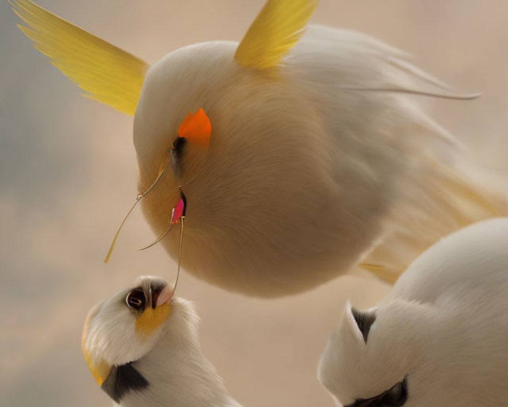 Stylized birds with yellow crests and cheeks, one holding a twig, in soft-focus scene