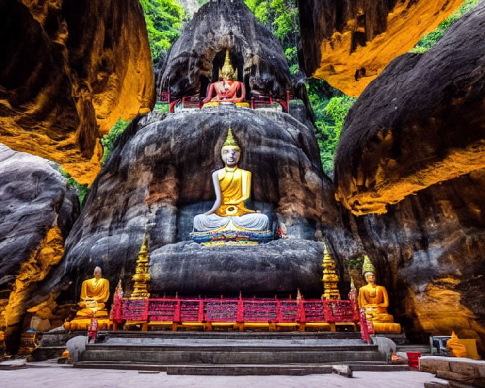 Golden Buddha statues in serene cave temple with staircase