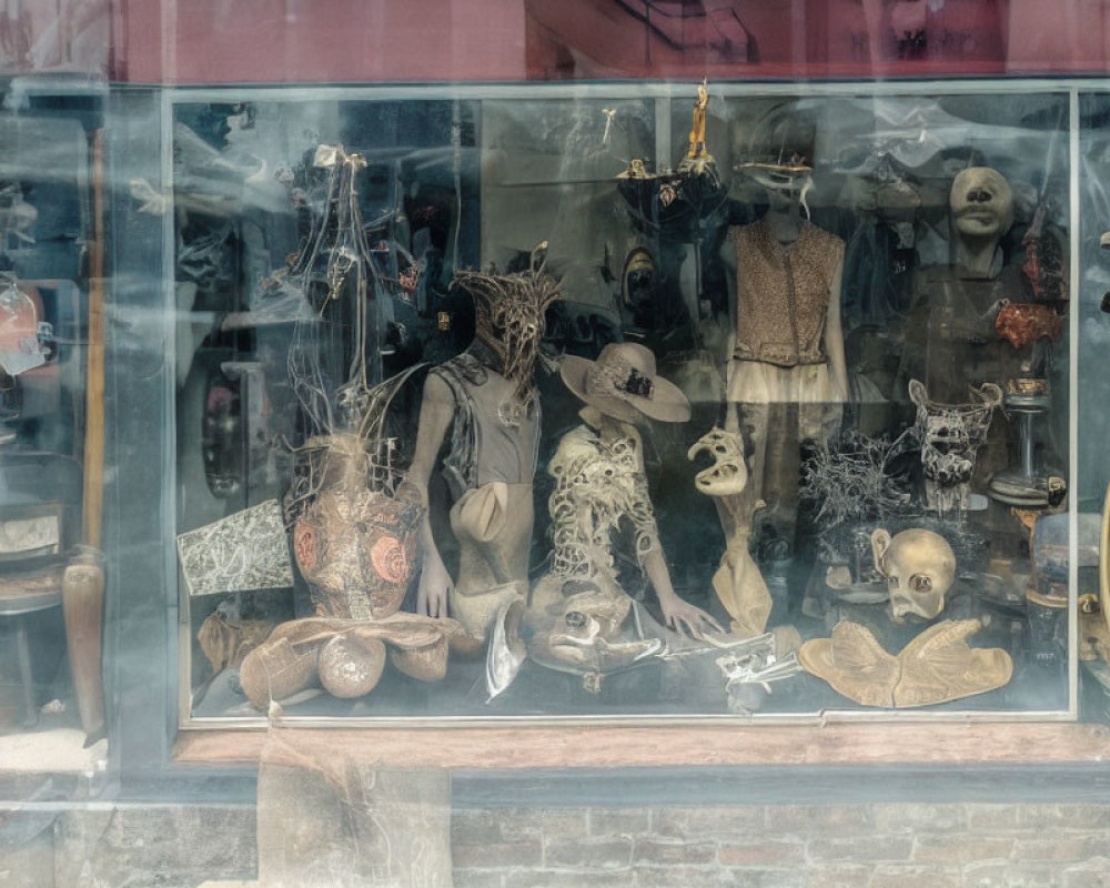 Eclectic mix of masks, figurines, and oddities in cluttered shop window