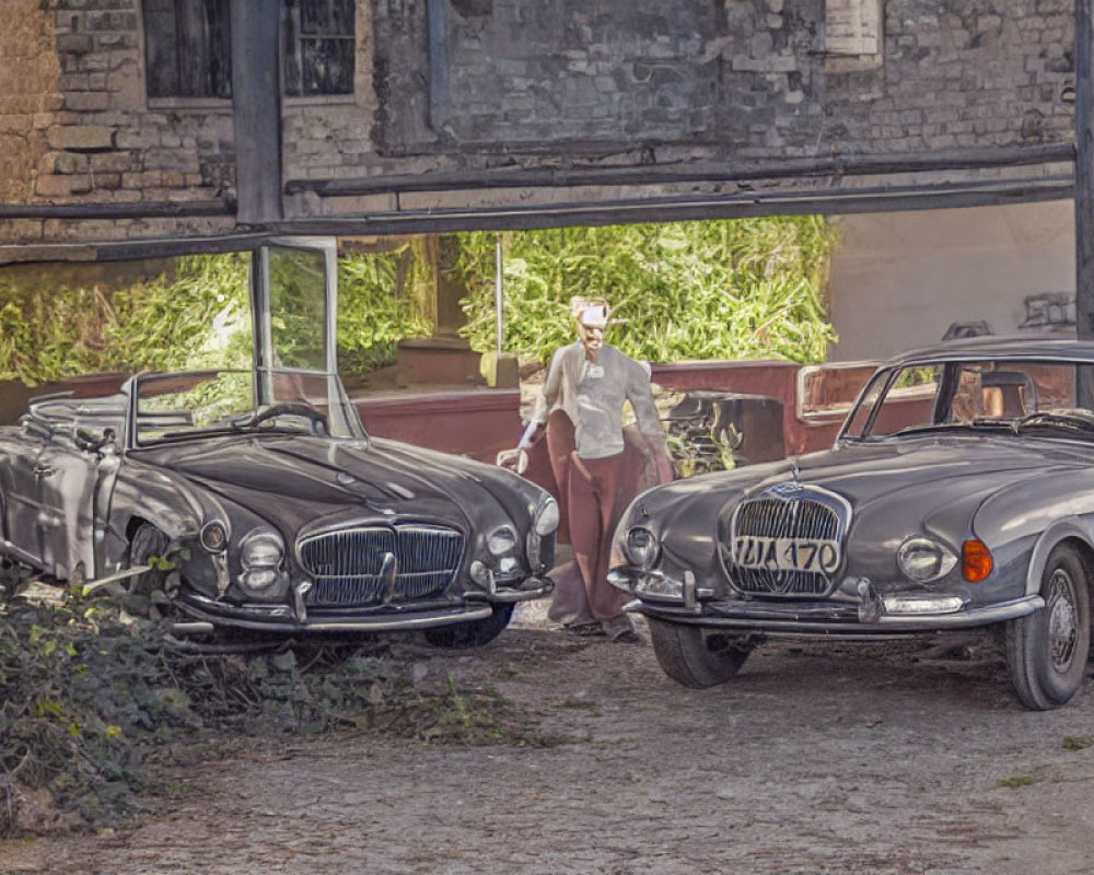 Vintage attire person between classic cars and old building in stylized photo