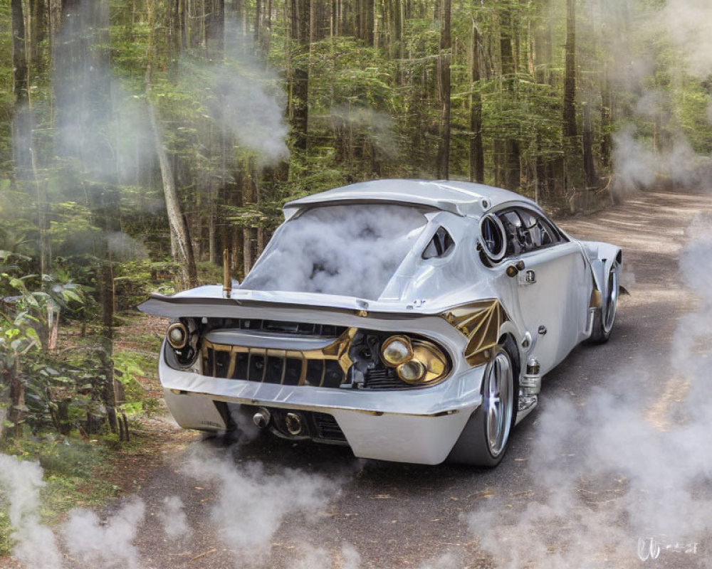 Vintage car with open hood emitting smoke on forest road