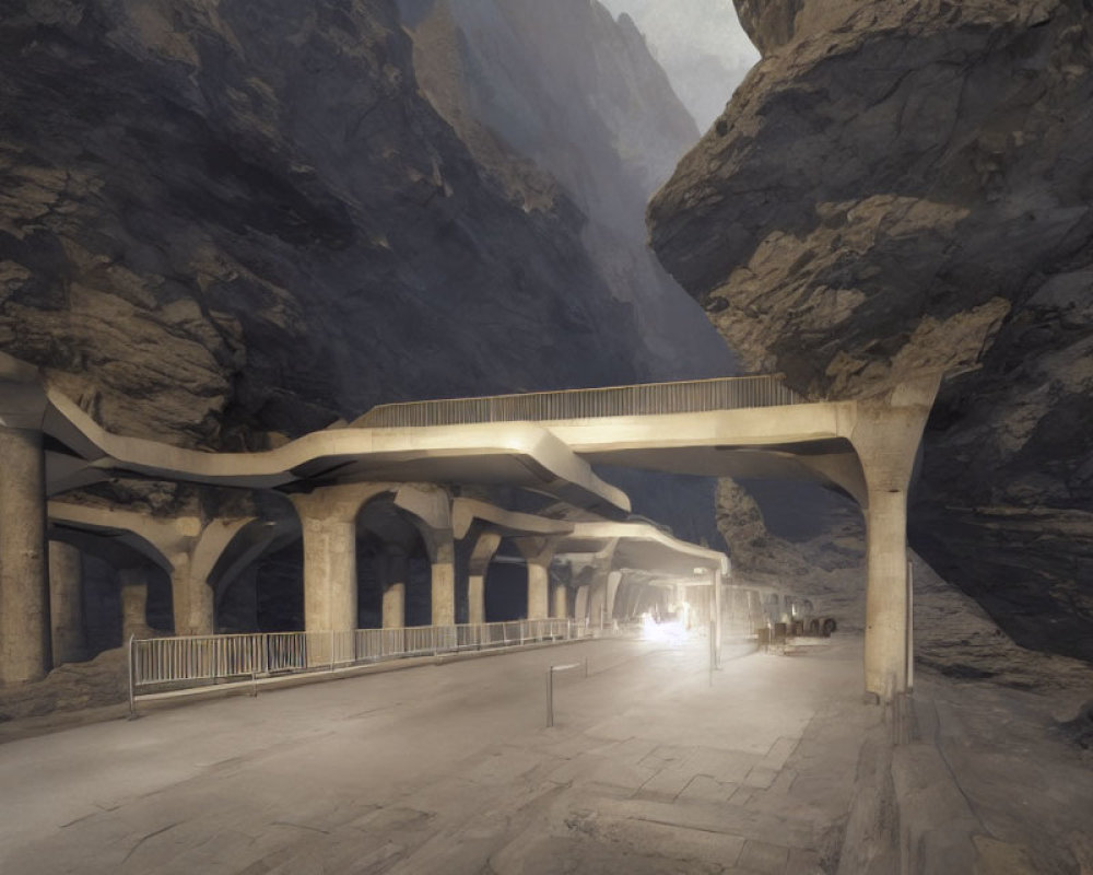 Spacious modern cavernous interior with multi-level roadway, soft lighting, guardrails, and distant vehicle