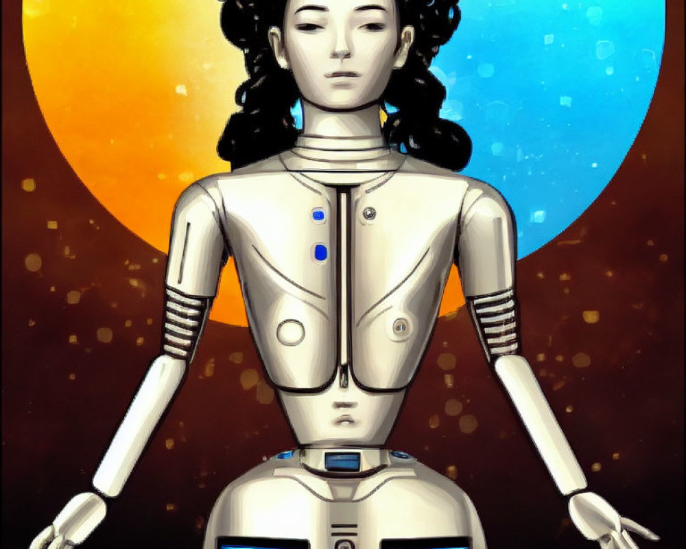 Feminine humanoid robot on orange and blue planet background