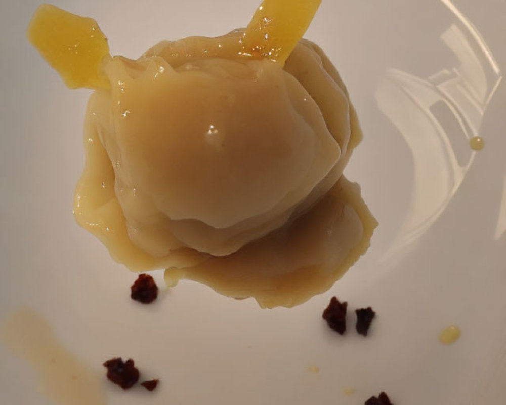 Plated dumpling with yellow fruit slices and sauce garnish