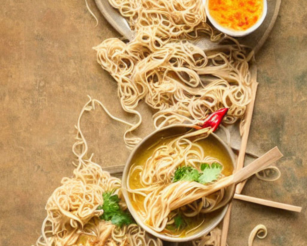Asian noodle soup bowls with chopsticks, lime, herbs, chili peppers on rustic background