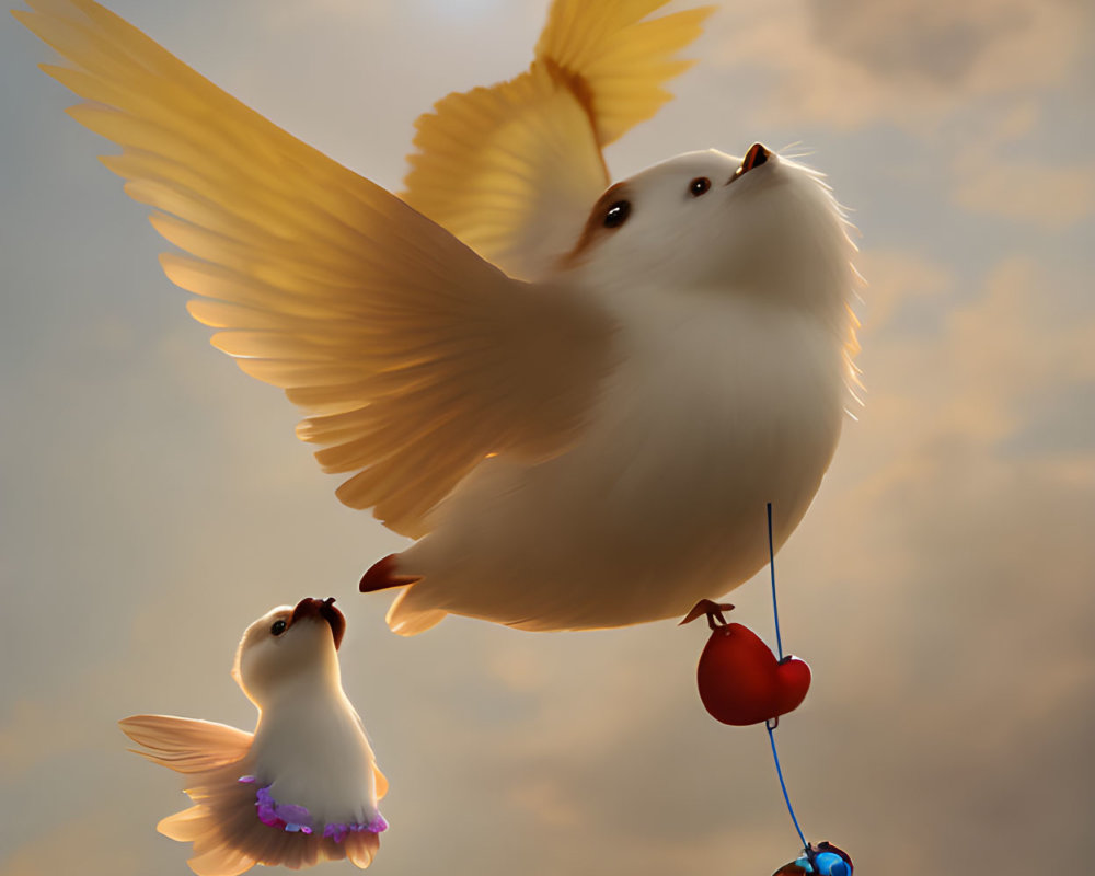 Stylized birds with fluffy bodies and oversized wings carrying heart-shaped fruits against a cloudy sunset sky