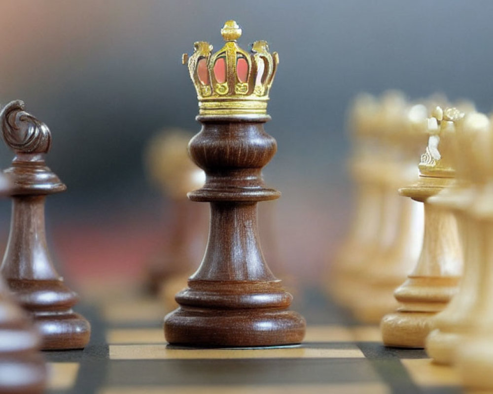 Dark wooden chess king with golden crown on chessboard, surrounded by blurred pieces