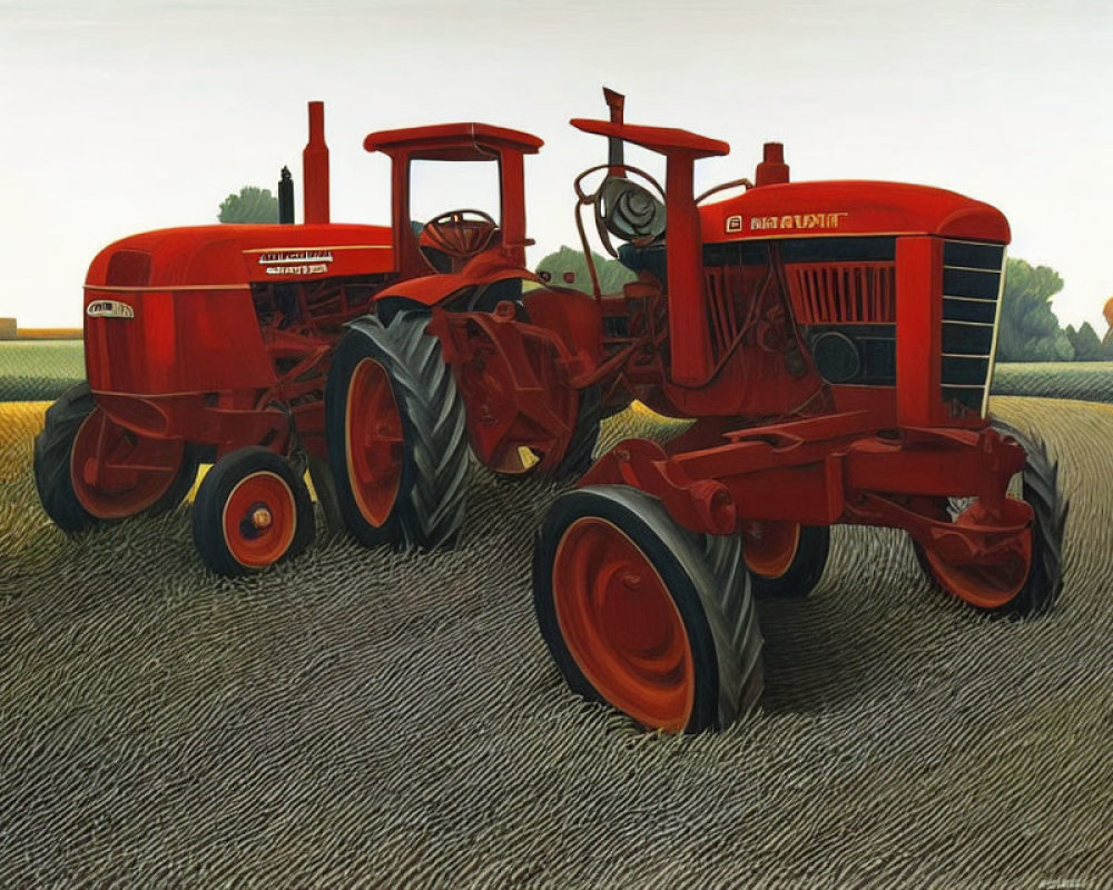 Vintage Red Tractors Painting in Rural Landscape