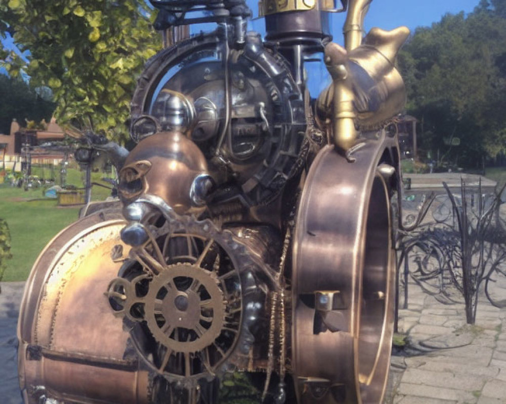 Steampunk-style outdoor sculpture with metallic gears, pipes, and top hat under blue sky