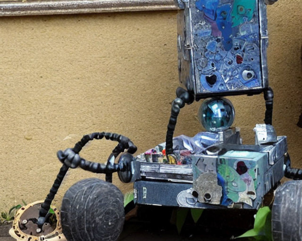 Homemade robot with wheels and painted designs against yellow wall