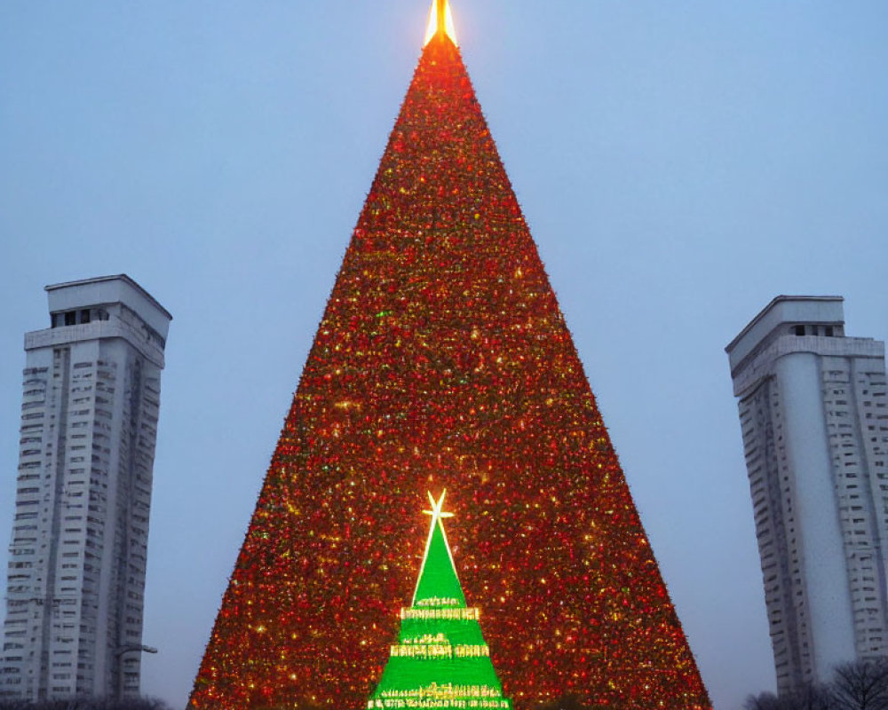 Illuminated triangular Christmas tree between high-rise buildings at dusk
