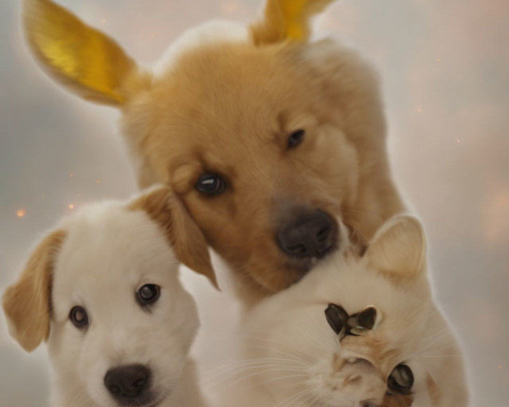 Golden adult dog with white kitten and puppy on speckled backdrop
