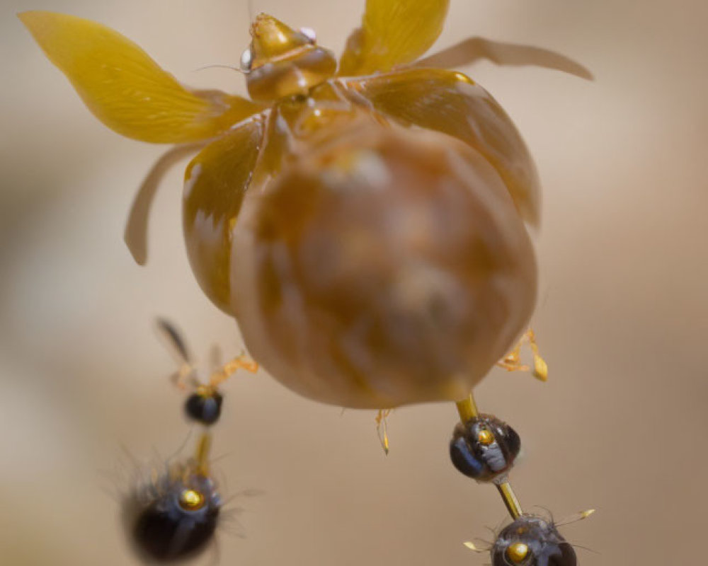 Three ants carrying translucent brown seed with wings on soft-focus background