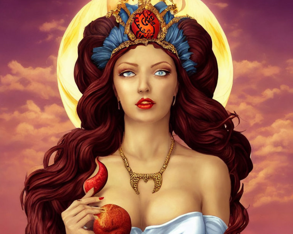 Illustrated woman with auburn hair and crown holding fruit under glowing moon