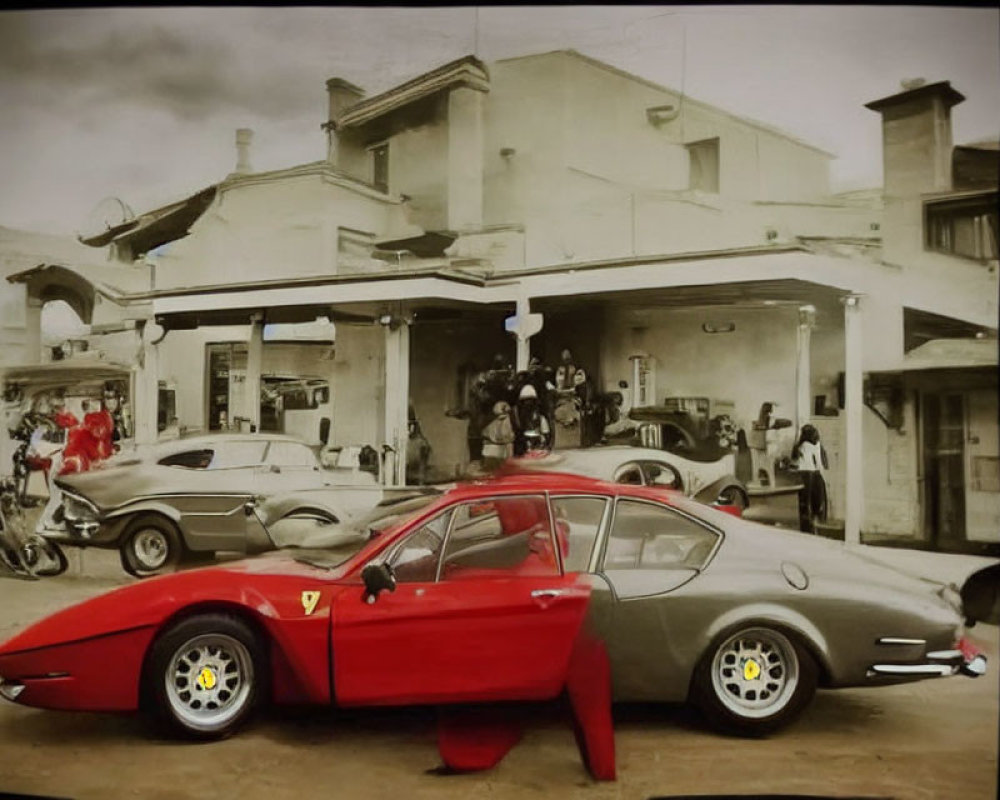 Vintage Red Ferrari at Old Service Station with People and Motorcycles