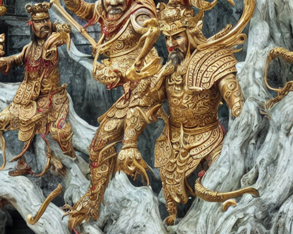 Golden warrior statues emerging from tree roots with weapons in dynamic brandishing pose