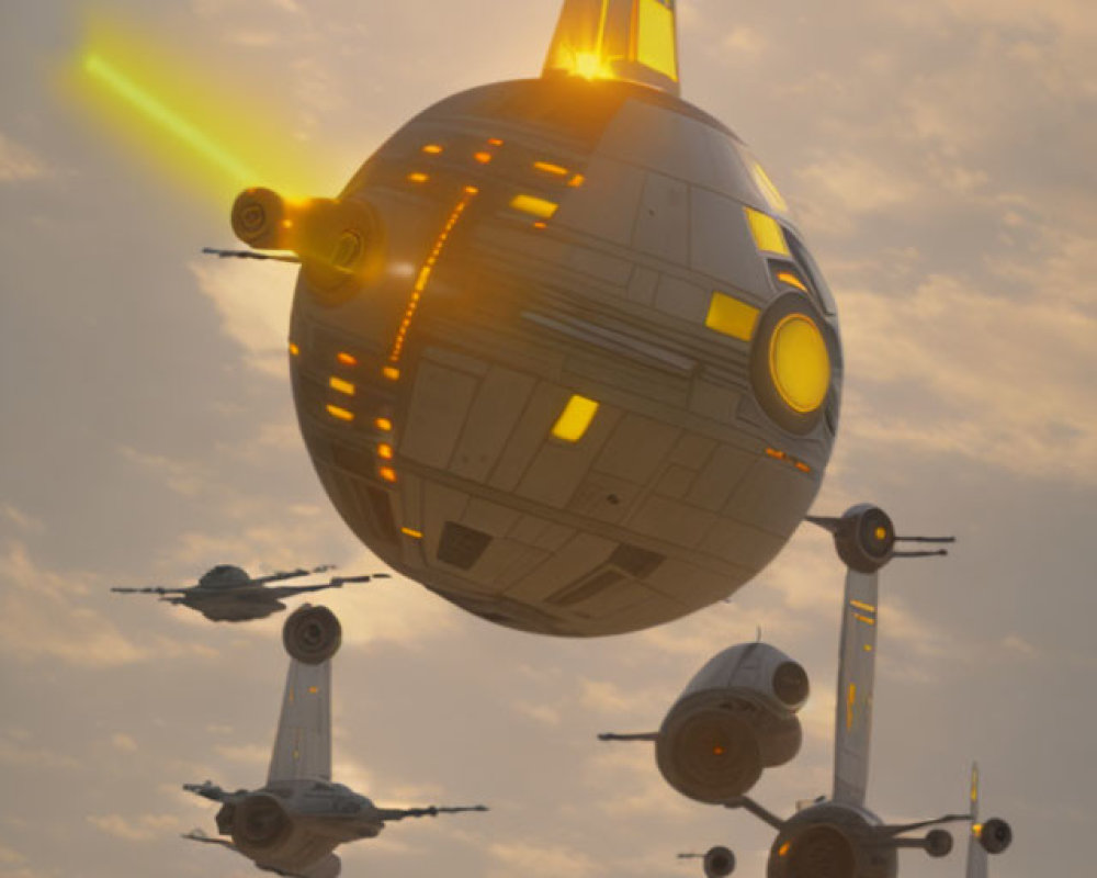 Spherical spaceship with illuminated detailing flanked by smaller fighter craft under hazy sky