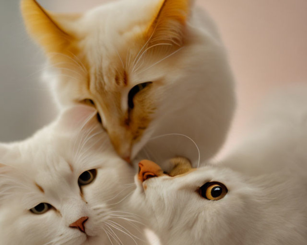 Three cats of different fur colors snuggling closely on soft-hued background