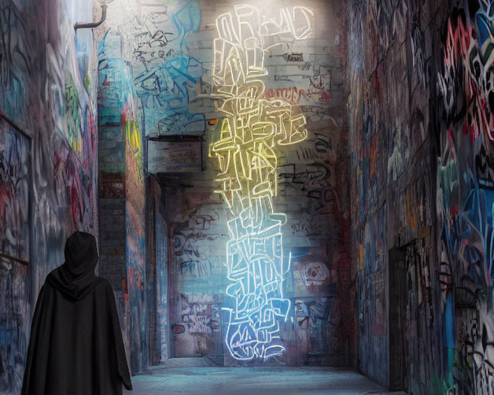 Person in black cloak in graffiti-covered alleyway with glowing light
