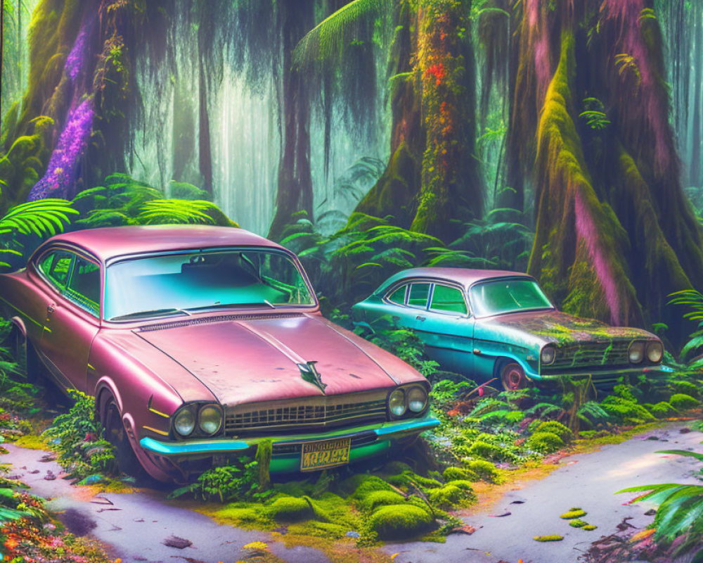 Abandoned vintage cars in misty forest with greenery & sunlight