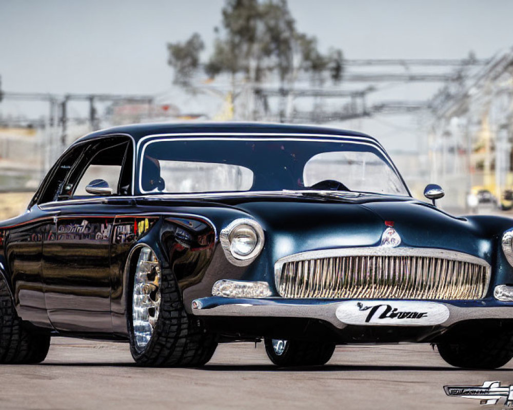 Classic Black Car with Chrome Wheels and Custom Mods on Asphalt with Racing Track Background