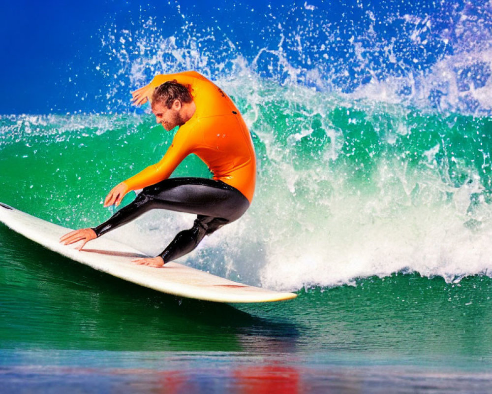 Surfer in Orange Wetsuit Riding Wave with Spraying Water