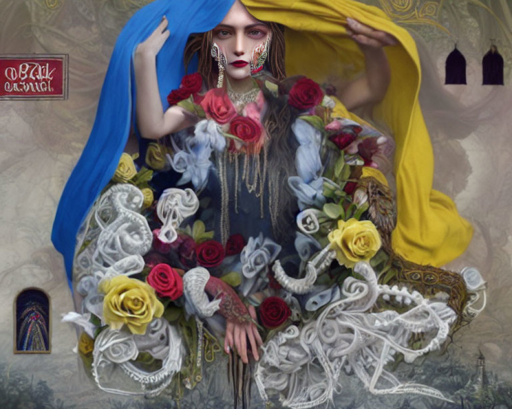 Colorful surreal portrait with skull-like face, roses, blue and yellow fabrics, and gothic backdrop