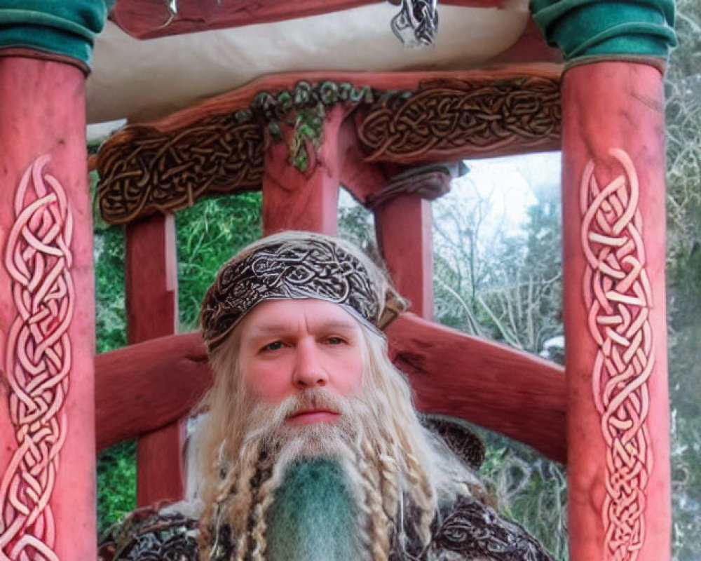 Bearded man in Viking attire by Celtic archway