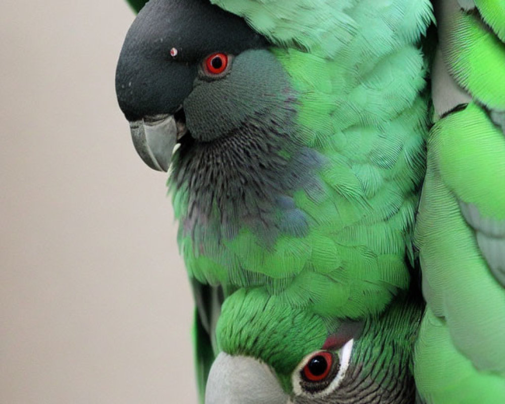 Vibrant green parrots with red eye-rings perched closely