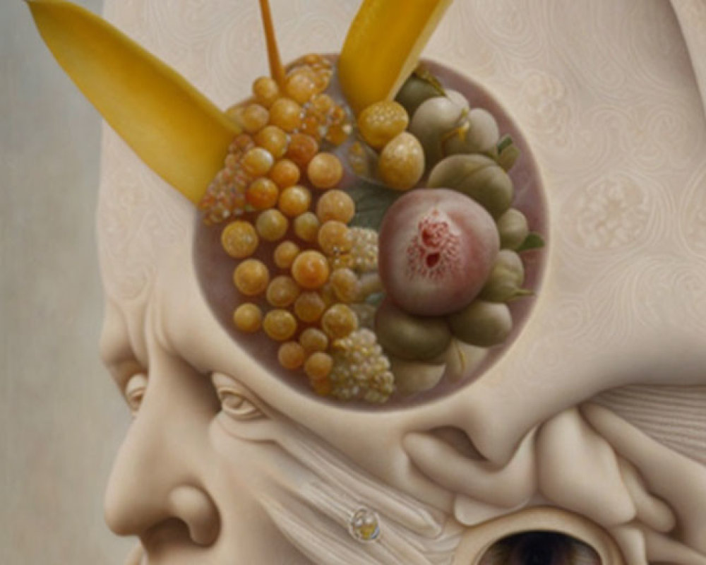 Human profile with surreal fruit arrangement and ornate patterns