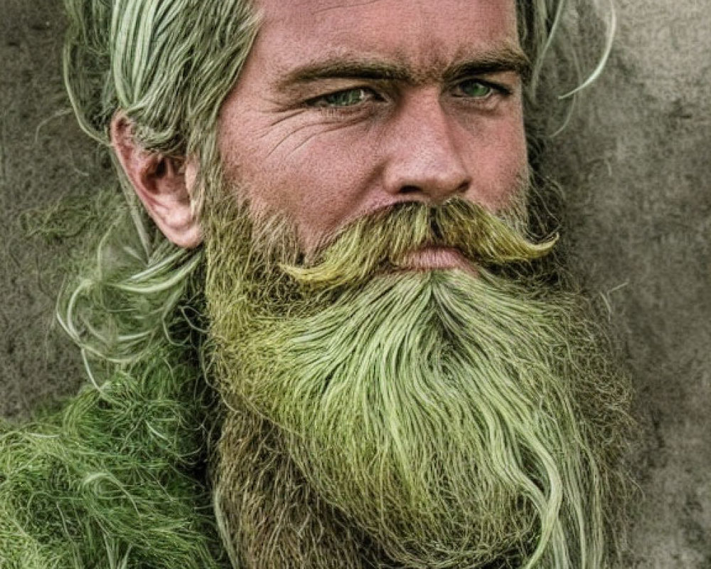 Pensive man with long green hair and beard on gray background