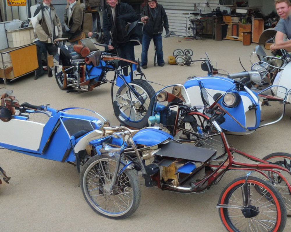 Group of five individuals with three custom-built tricycle motorcycles in a workshop setting showing camaraderie and