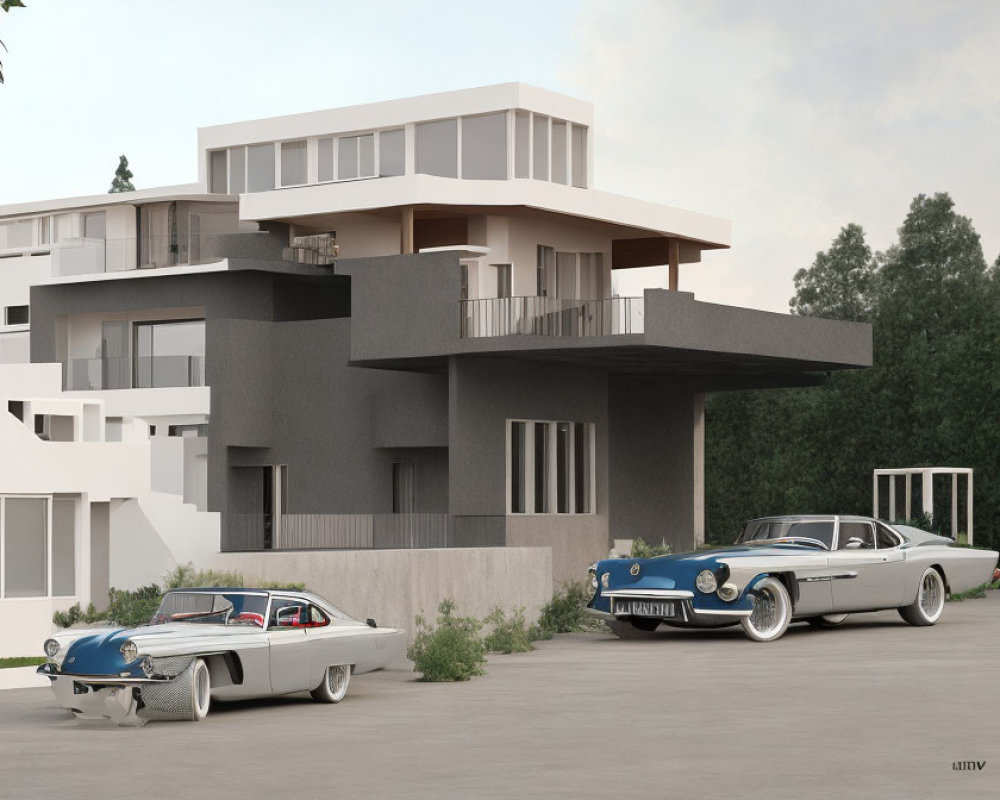 Two-story homes with flat roofs, large overhangs, and vintage sports cars in suburban scene