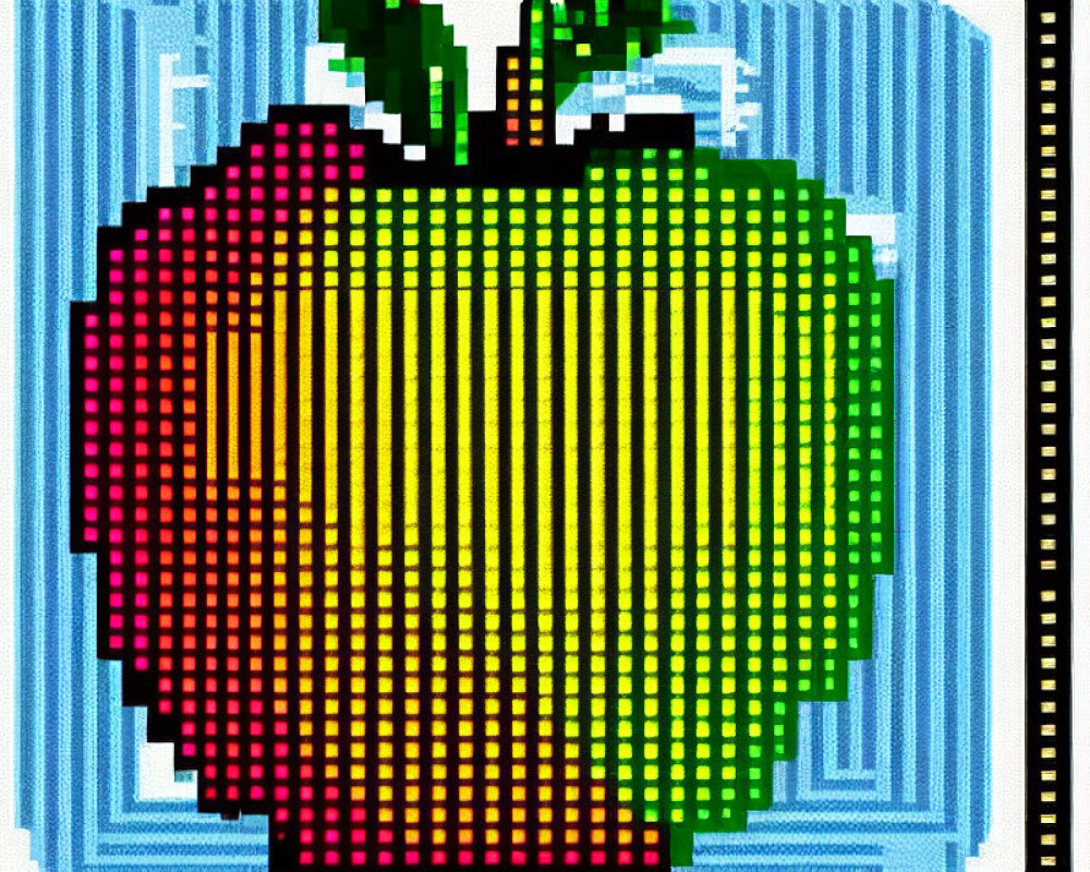 Colorful Pixel Art: Apple Gradient on Blue Striped Background