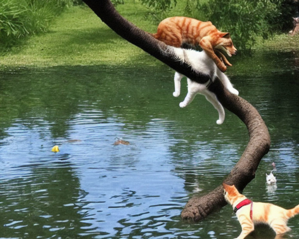 Two Cats on Tree Branch Over Water with Turtles Swimming Below