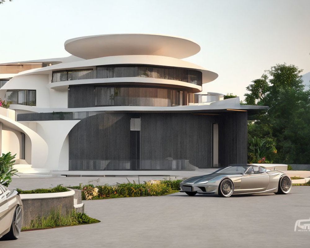Modern House with Curved White Balconies and Sports Cars in Driveway