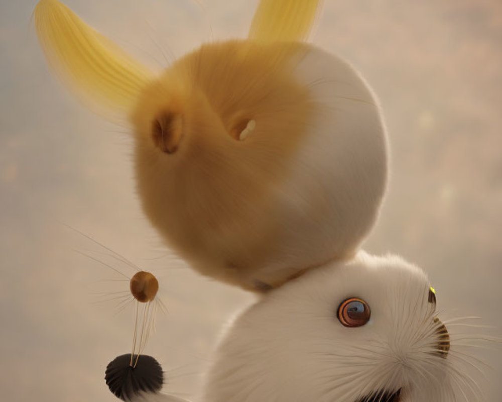 Illustration of fluffy white creature with orange rabbit companion.