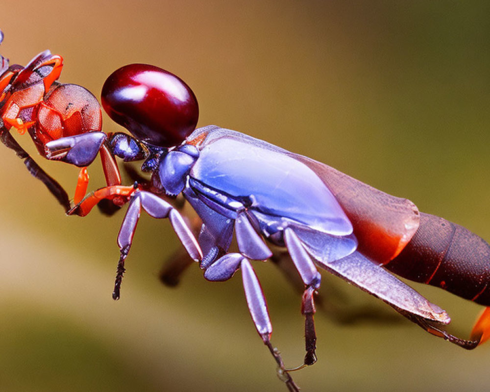 Detailed Close-Up of Red and Blue Ant on Twig