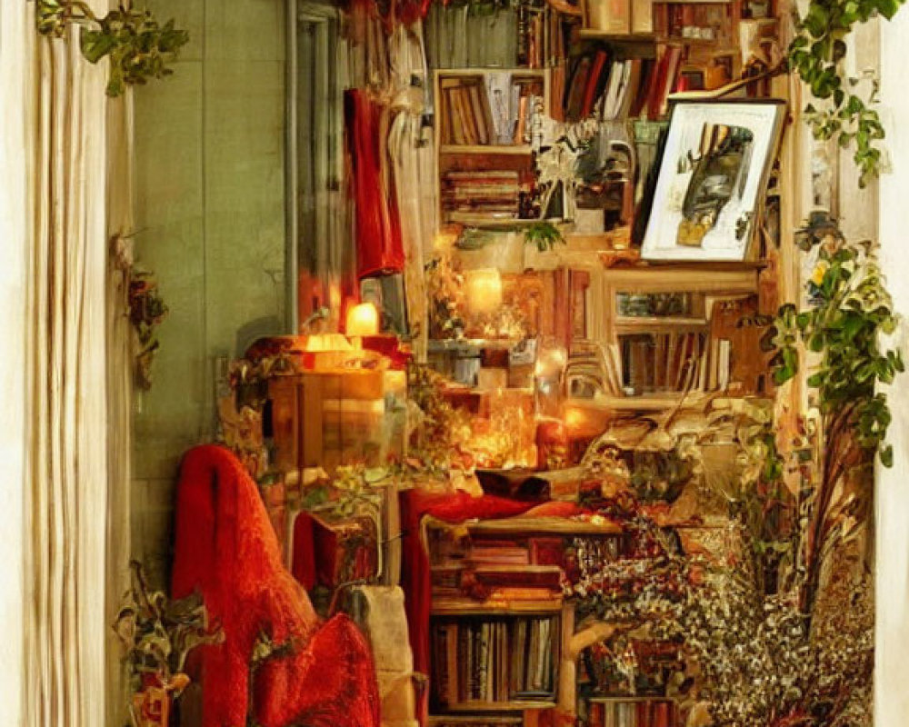 Cozy Nook with Bookshelves, Candles, Plants, and Red Throw
