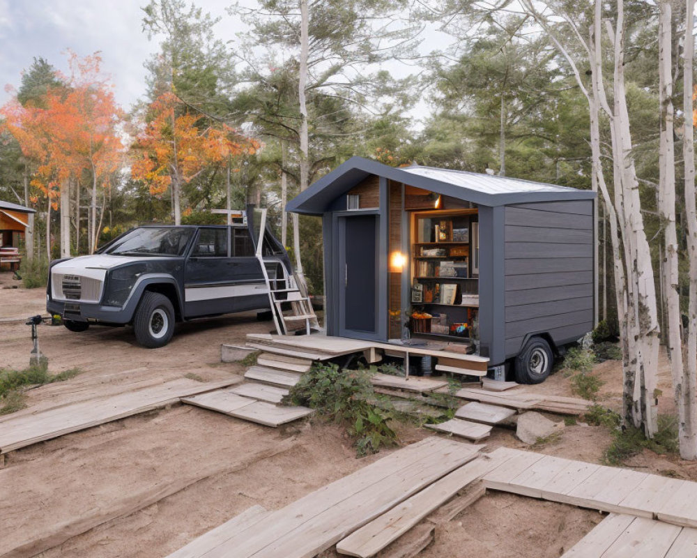 Compact Tiny House on Wheels with Electric SUV in Autumn Forest Clearing