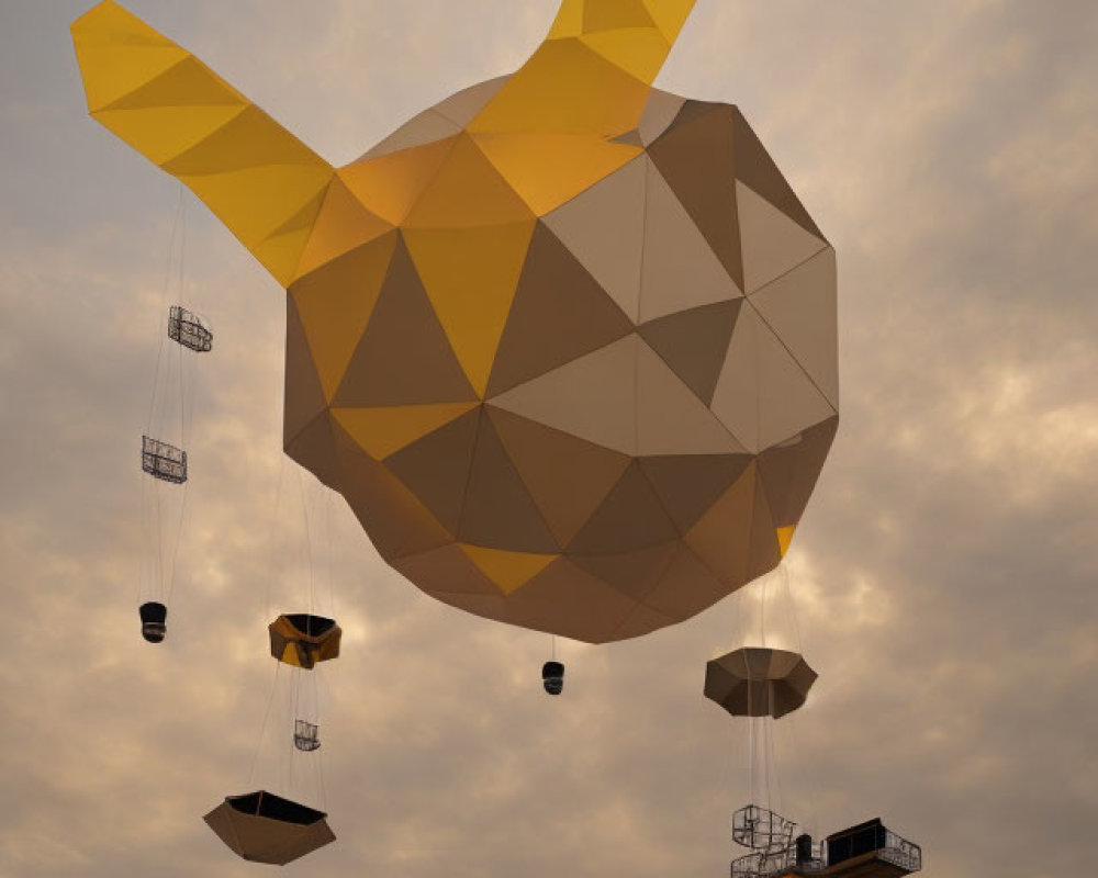 Geometric balloon structure with hanging baskets in cloudy sky