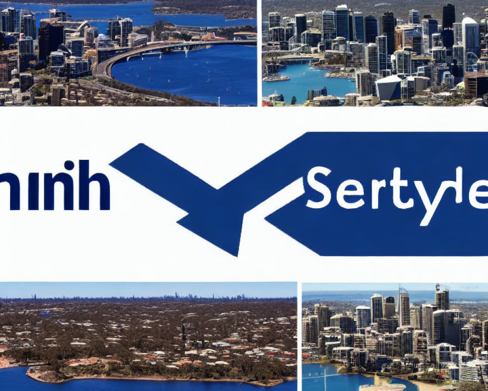 Aerial Photograph Collage of City Skyline with Blue Waters and Logo