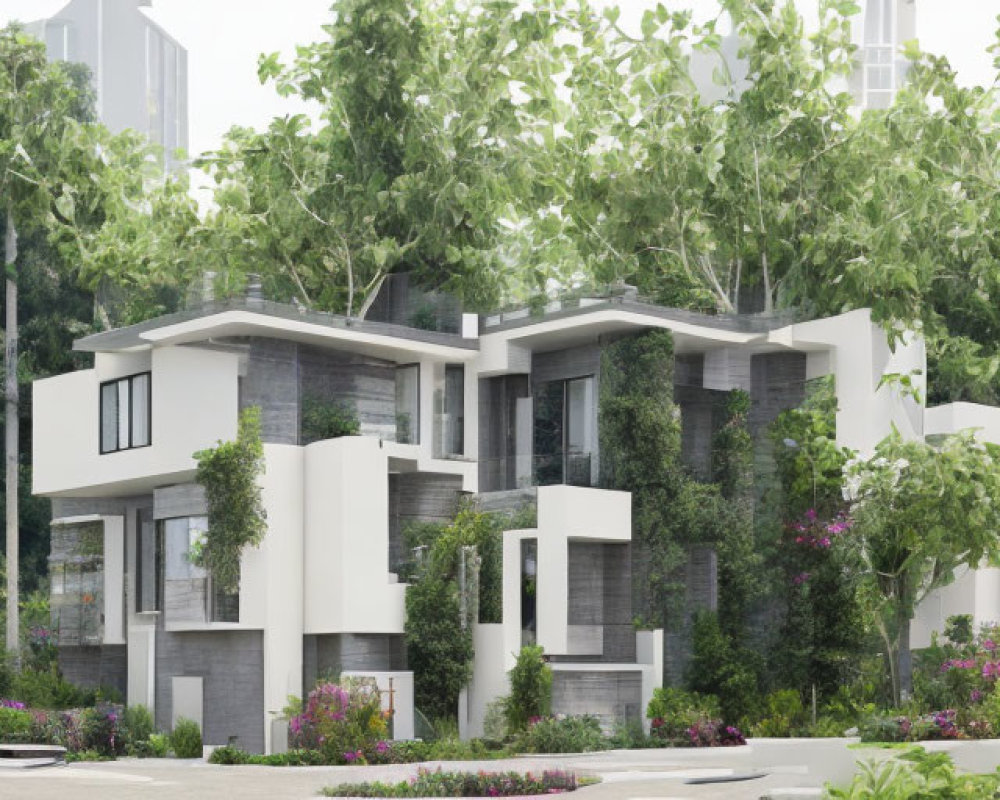 Twin Residential Houses with White and Gray Facade Amid Greenery