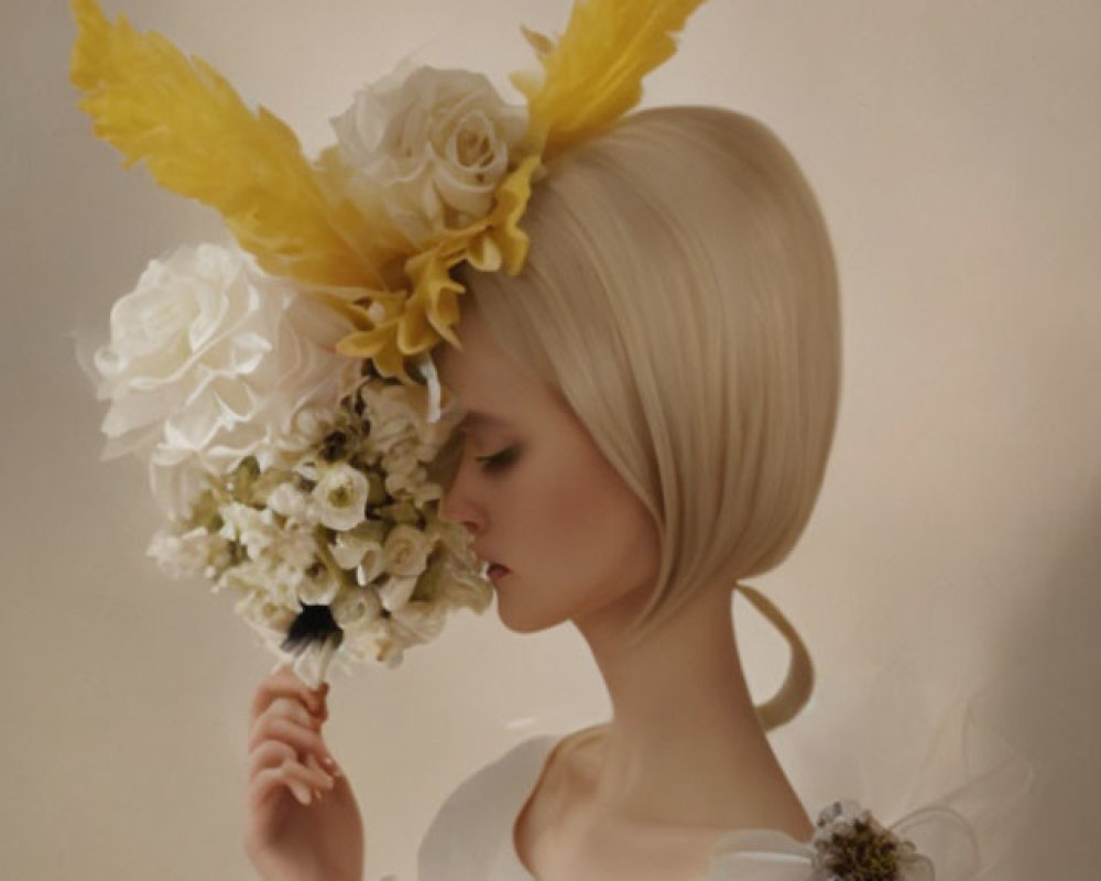 Bob Haircut Person Holding Bouquet with White Flowers and Yellow Feathers