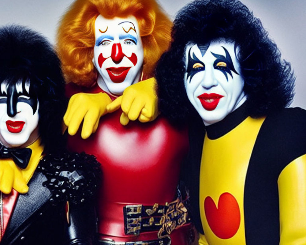 Three individuals in clown-like makeup posing against a dark backdrop