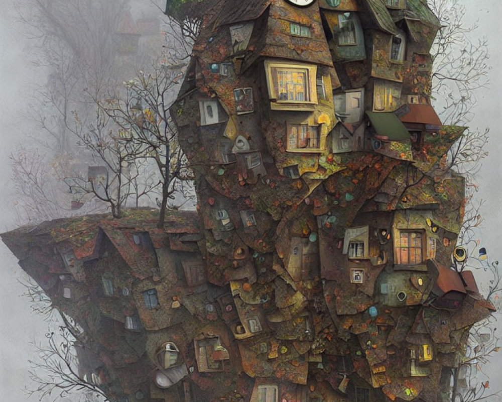 Towering Treehouse with Multiple Windows and Doors in Misty Atmosphere